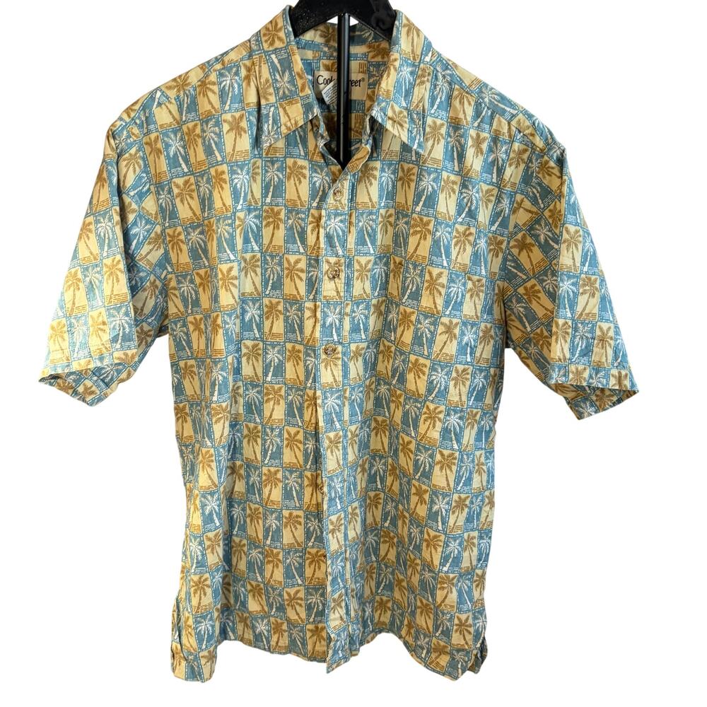 Cooke St Honolulu Vintage mens green blue checked palm tree Hawaiian shirt. Sz M